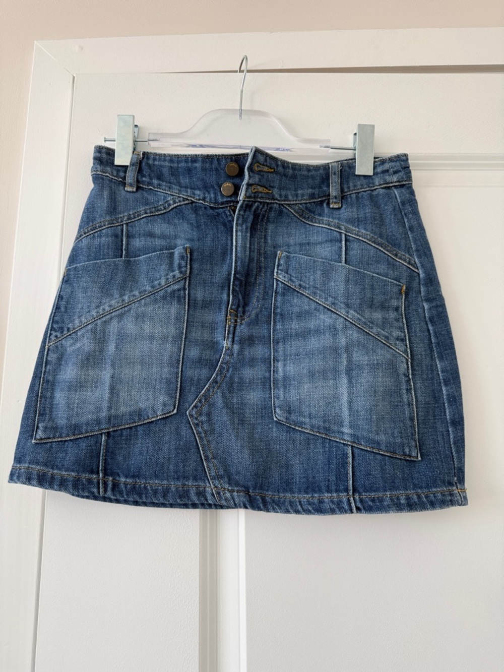 ba&sh Blue Denim Mini Skirt with Front Patch Pockets